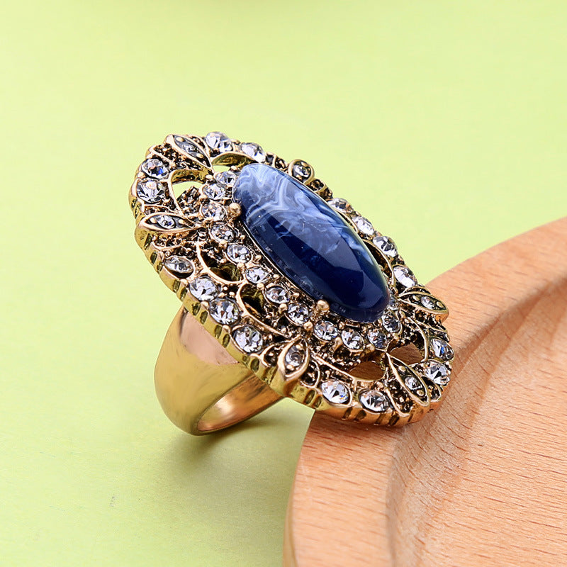 Elegant Blue Gem Stone Ring Retro Style Women Rhinestone Finger Ring