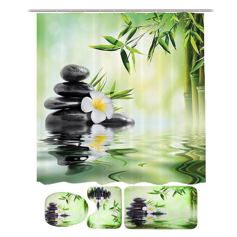 Bamboo Printing Waterproof Bathroom Shower Curtain Toilet Cover Mat Non-slip Carpet