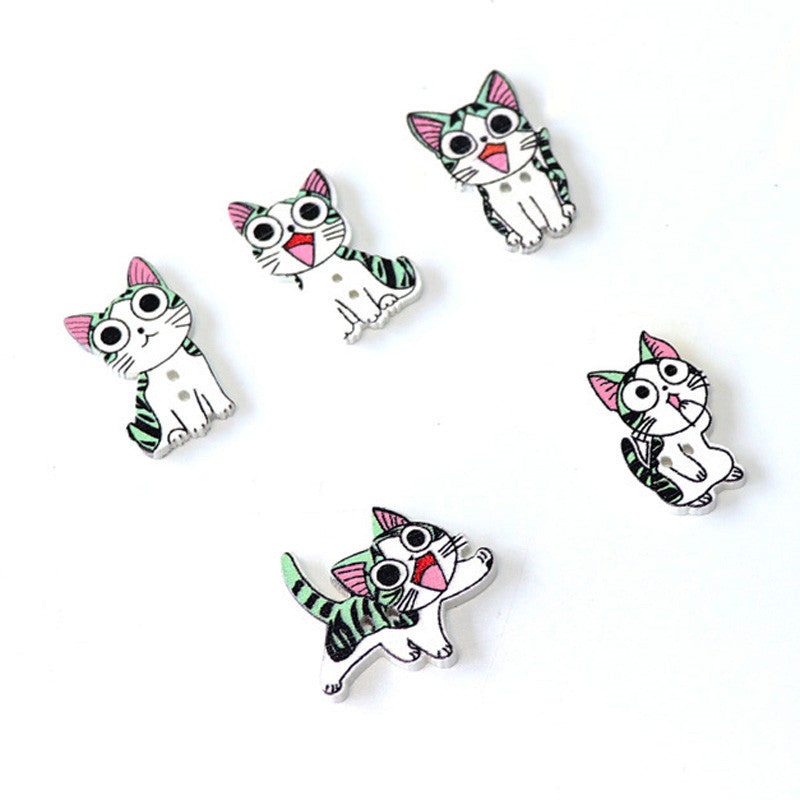 50PCS 21-26MM DIY Animal Wood Buttons Painted Cute Cat Hand-sewing Decorative Other Crafts Accessori