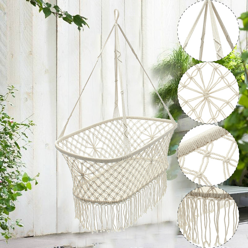 White Hanging Rope Macrame Hammock Chair Swing Baby Nursery Bassinet Cradle