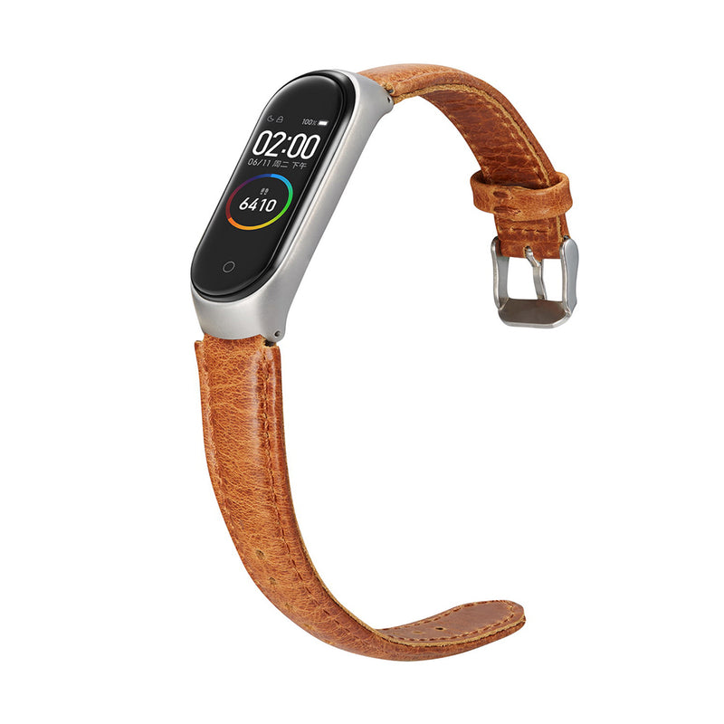 Solid Crazy Horse Pattern Leather Watch Band Watch Strap Replacement for Xiaomi Miband 4
