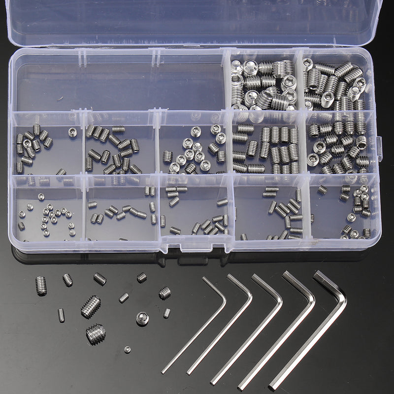 Suleve MXSS3 240Pcs M3/M4/M5/M6/M8 Stainless Steel Hex Allen Grub Screw Socket Flat Point Set Screws Wrench Assortment Kit