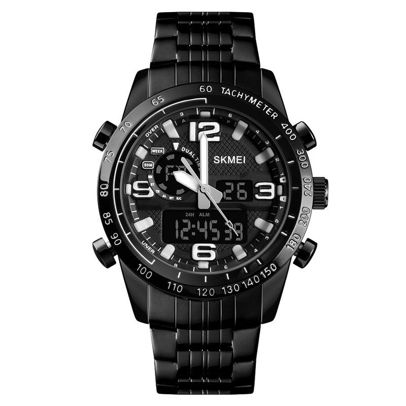 SKMEI 1453 Luxury Men Stopwatch Calendar Sport Stainless Steel Dual Disaplay Digital Watch