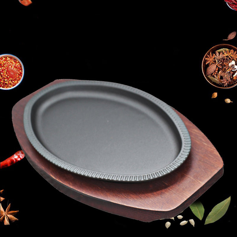 22x13cm Cast Iron Oval BBQ Grill Pan Outdoor Camping Steak Plate Cooking Plate With Wooden Tray