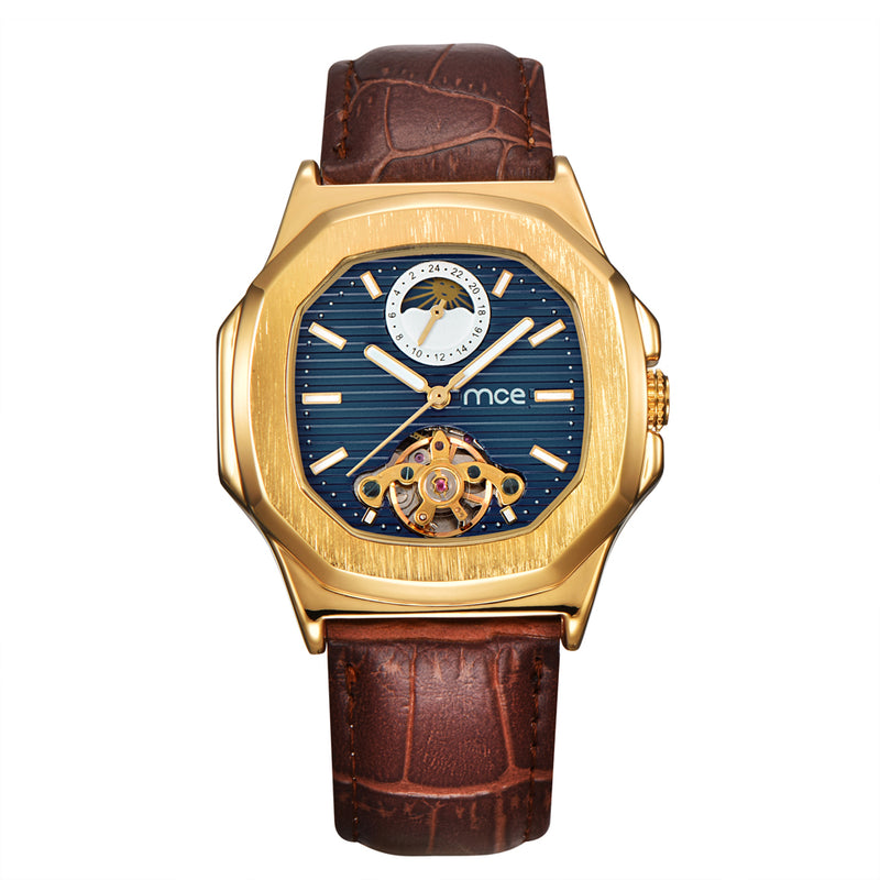 Gold Case Men Watch Moon Phase Business Style Leather Strap Automatic Mechanical Watch