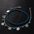 Bohemian Women's Anklet Summer Beach Multilayer Blue Bead Coin Pendant Ankle Bracelets Ring