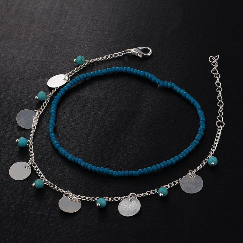 Bohemian Women's Anklet Summer Beach Multilayer Blue Bead Coin Pendant Ankle Bracelets Ring