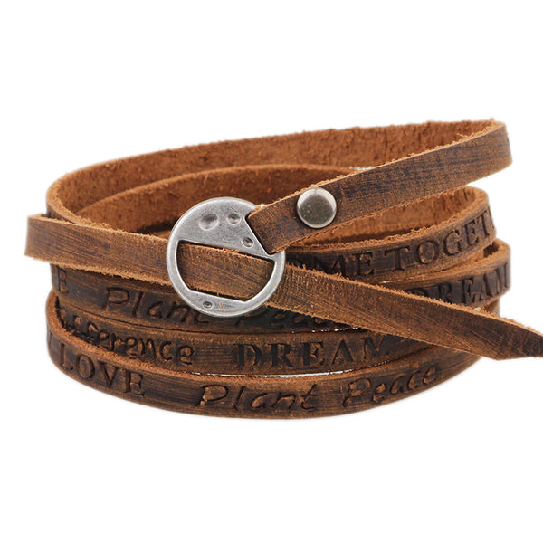 Punk Leather Ancient Wristband Simple Word Love Multilayer Bracelet for Women for Men
