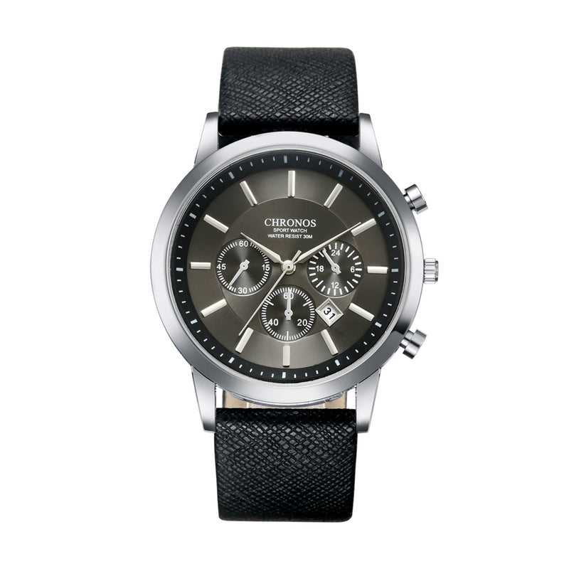 CHRONOS Casual Style Calendar Men Wrist Watch False Small Dials Leather Strap Quartz Watch