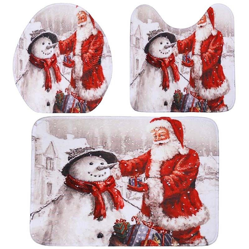 3Pcs/Set Bathroom Non-Slip Christmas Style Bathroom Carpet Rug Toilet Seat Cover Mat Set