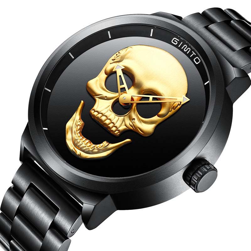 GIMTO GM244 Men Watch Skull Pattern Steel Watch Band Male Quartz Wrist Watch
