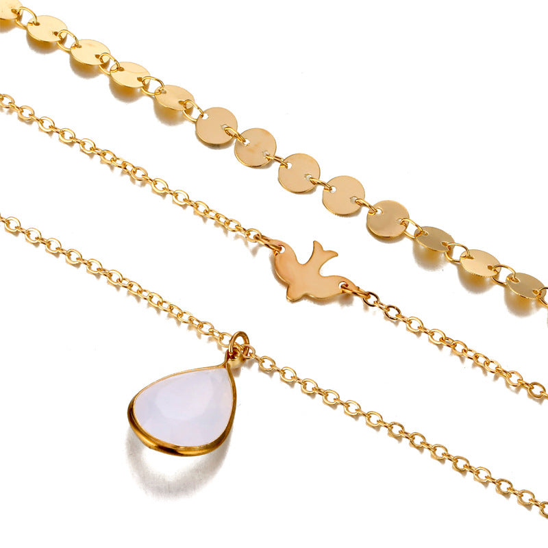 Bohemian Peace Pigeon Multi-layer Necklace Water Drop Pendant Alloy Chain Charm Necklace