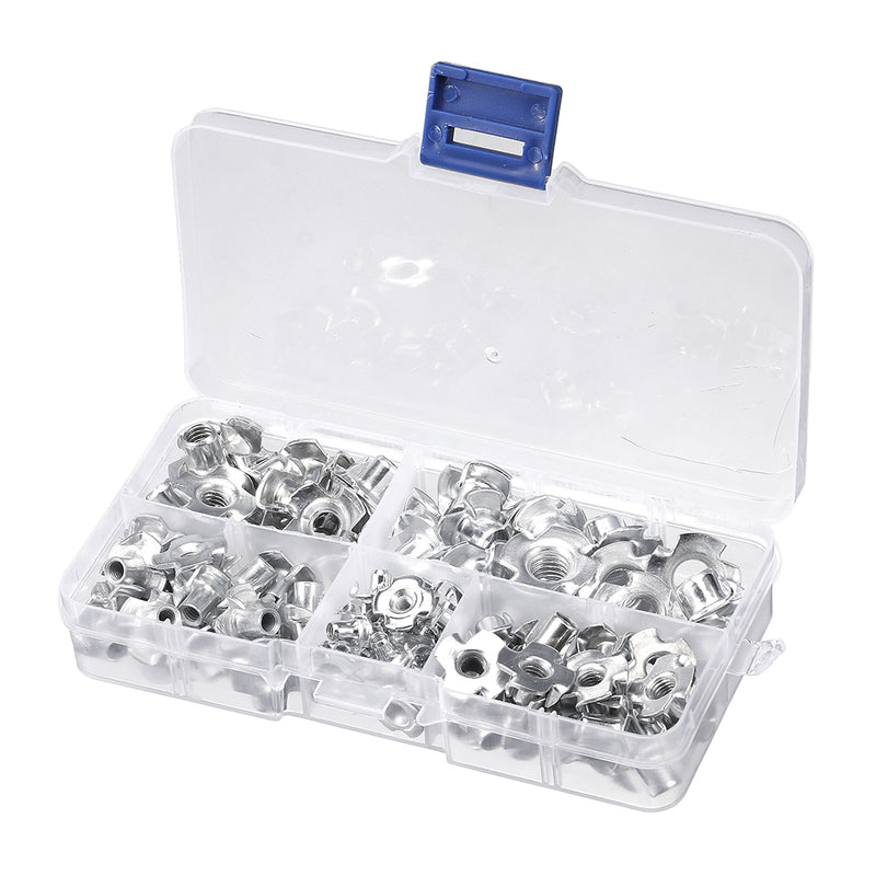 Suleve CSTN3 90Pcs Four Prong T Nut Inserts Carbon Steel Zinc Plated For Wood M3/M4/M5/M6/M8 Nut Assortment Kits