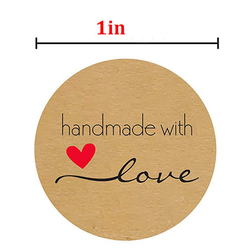Mrosaa 500pcs/roll 1 Inch Round Kraft Paper Sticky Notes Hand Made With Love With Red Heart Stickers Paper Stationery School Supply