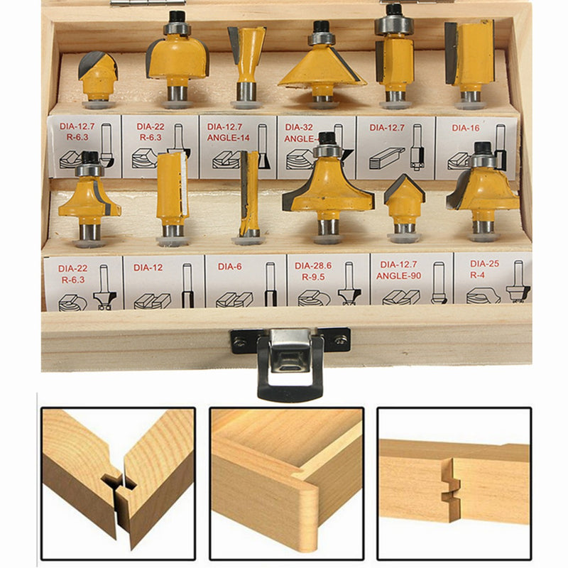 12pcs 1/4 Inch Shank Router Bit Set Tungsten Carbide Woodworking Cutter Rotary Tool