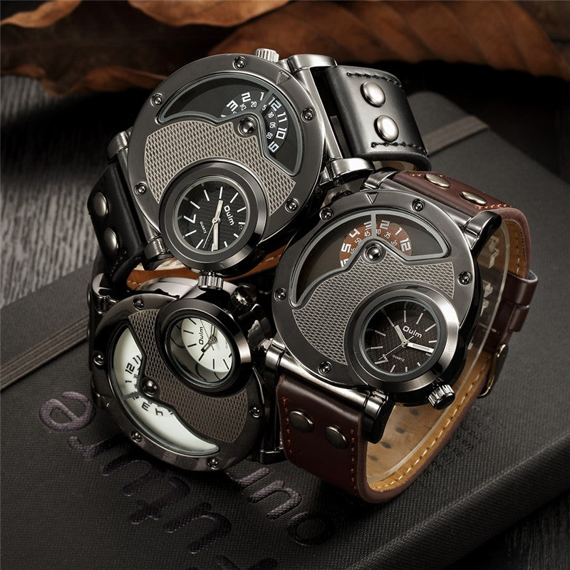 OULM 9591 Casual Style Creative Wrist Watch Dual Time Zones Leather Strap Quartz Watches