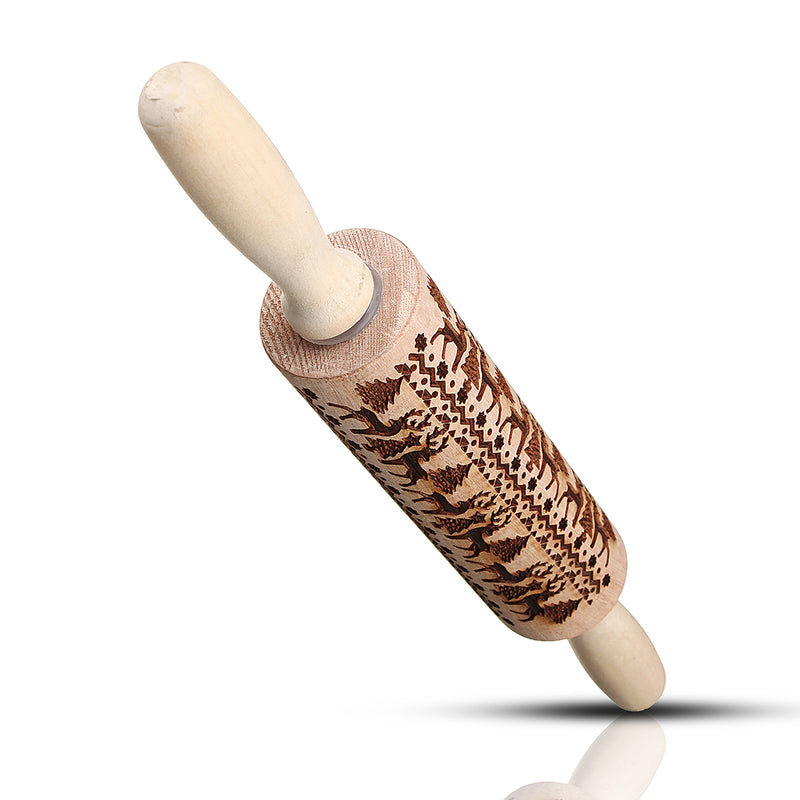 Christmas Elk Print Rolling Pin Engraved Rolling Pin Wooden Embossing Embossed Baking Tools