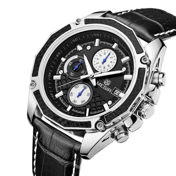 MEGIR M2015 Men Watch Leather Strap Multifunction Chronograph Fashion Casual Quartz Wrist Watch