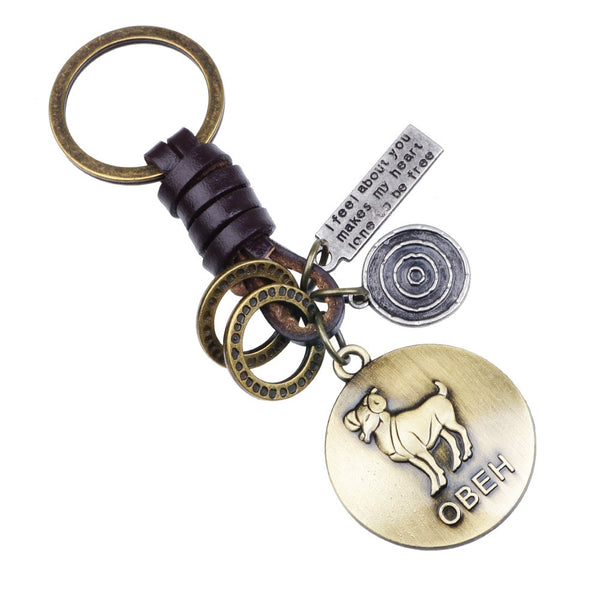 Retro Twelve constellation Woven Keychain Soft Leather Cord Keychain For Men