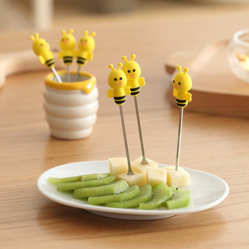 6 Pcs Silicone Bee Fruit Forks Mini Cartoon Animal Stainless Steel Salad Dessert Fruit Fork Picks
