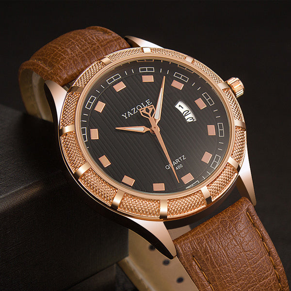 YAZOLE 400 Luminous Hand Quartz Watches Date Display Leather Strap Men Wrist Watch