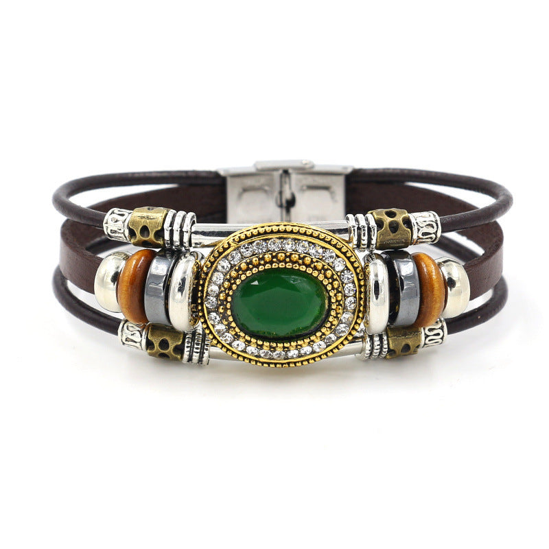 Retro Unisex Multilayer Stainless Steel Beads Bracelet Ethnic Rhinestone Geometric Leather Bracelet