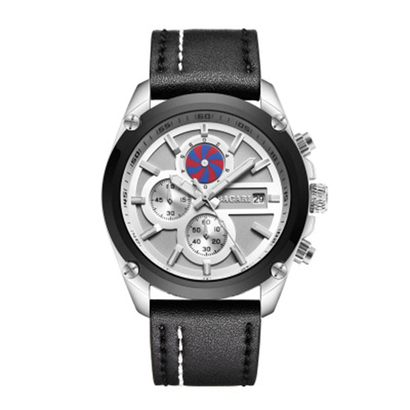 BAGARI 8002P Multi-function Unique Design Sports Watch Genuine Leather Waterproof Men Watch Quartz Watch