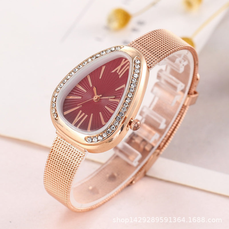 Crystal Case Triangle Dial Simple Design Full Stell Mesh Belt Women Quartz Watch