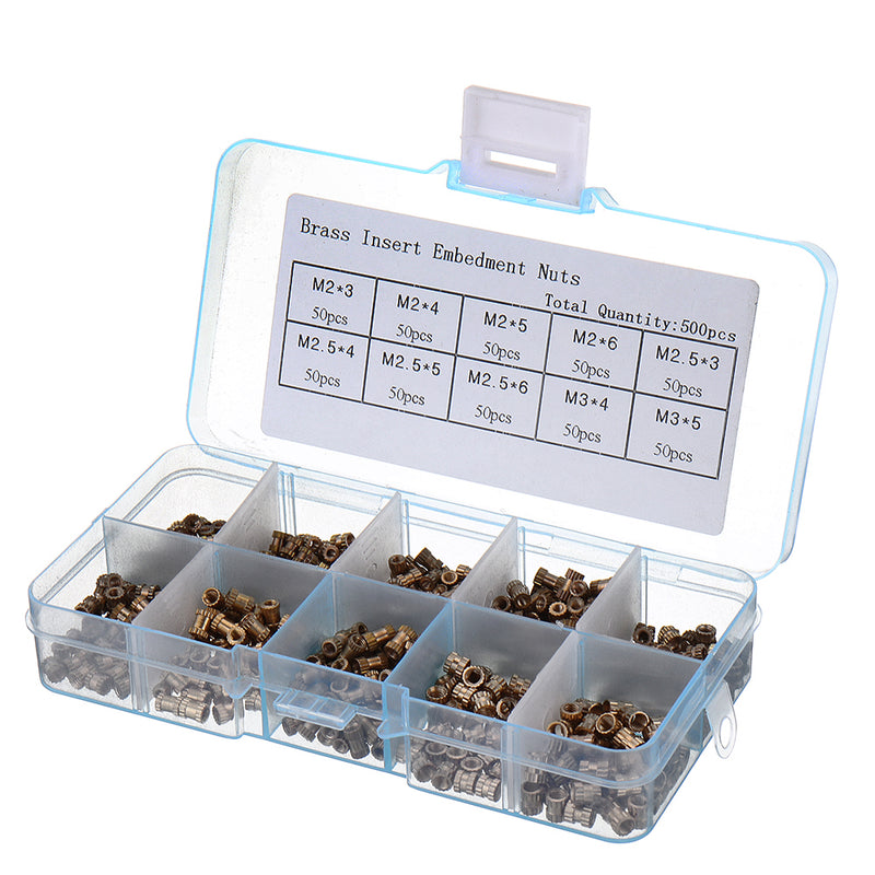Suleve MXBN2 500Pcs M2/M2.5/M3 Metric Threaded Brass Knurl Round Insert Nut Assortment Set