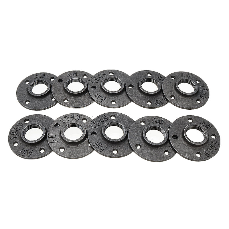 10Pcs/Set 1/2" 3/4" 1" Malleable Cast Iron Floor Flange Plates 4 Holes Black Pipes Fittings Industrial Pipe Furniture Wall Mount DIY Decor