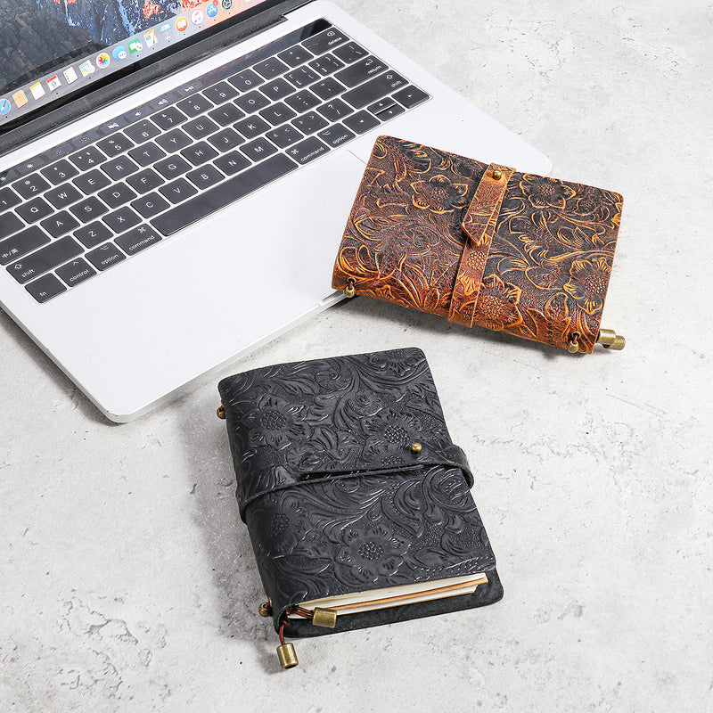 Indra Handmade Medium Embossed Stitched Leather Diary Notebook Journal