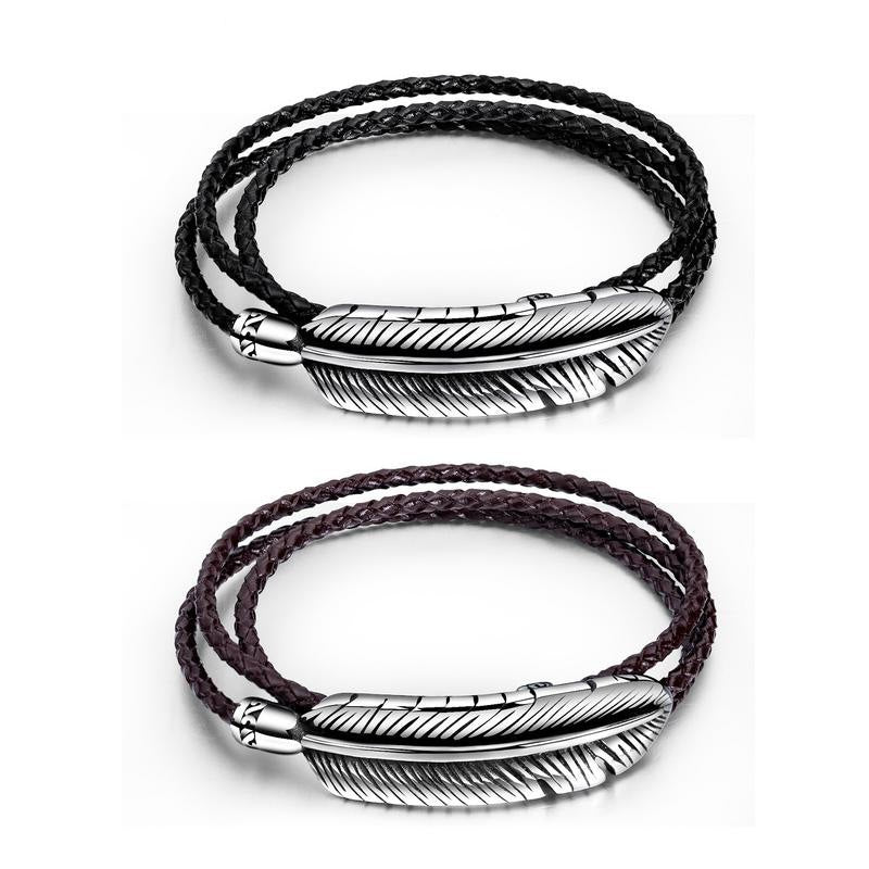 Titanium Steel Men's Feather Multi-layer Stainless Steel Braided Leather Bracelet