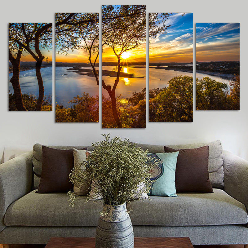 5 Panel Canvas Painting Sunset Lake Tree Seascape Landscape Poster Paintings Wall Art Decor Picture
