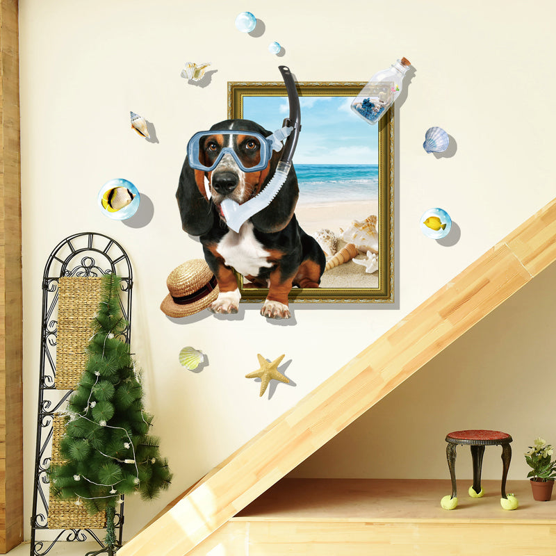 Miico Creative 3D Cartoon Summer Diving Dog Frame PVC Removable Home Room Decor Sticker