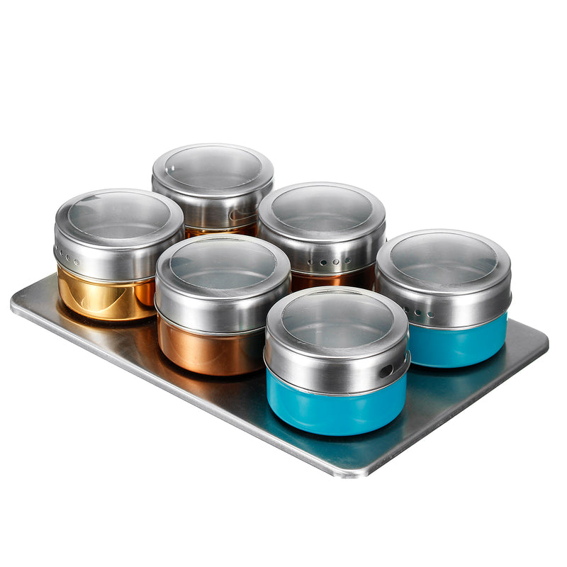 6Pcs Magnetic Spice Jar Tin Storage Stainless Steel Rack Kitchen Holder Stand