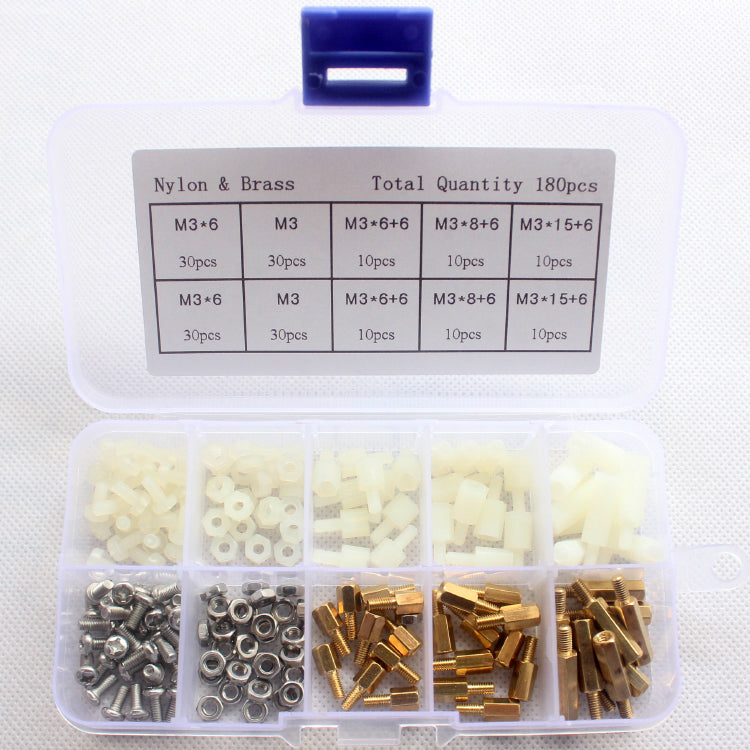 Suleve M3BN6 180Pcs M3 Nut Screw Standoff Set Nylon Stainless Steel Brass Hex Standoff Nut Screw Set Assortment Kit with Storage Box