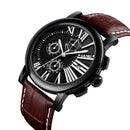 SKMEI 9196 Men Fashion Leather Strap Stopwatch Date Display Roman Numerals Sport Quartz Watch