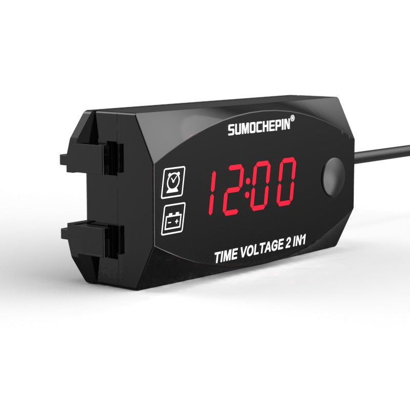 6V-30V LED 2-in-1 12V Voltmeter Time Display Timetable Measuring Battery Meter For Motorcycle Scooter Electric Vehicle Modification