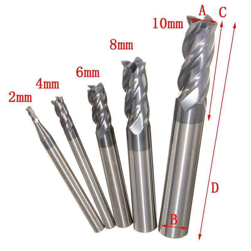 5pcs Tungsten Carbide 4 Flutes End Mill Cutter Straight Shank 2-10mm Milling Cutter Set CNC Tool