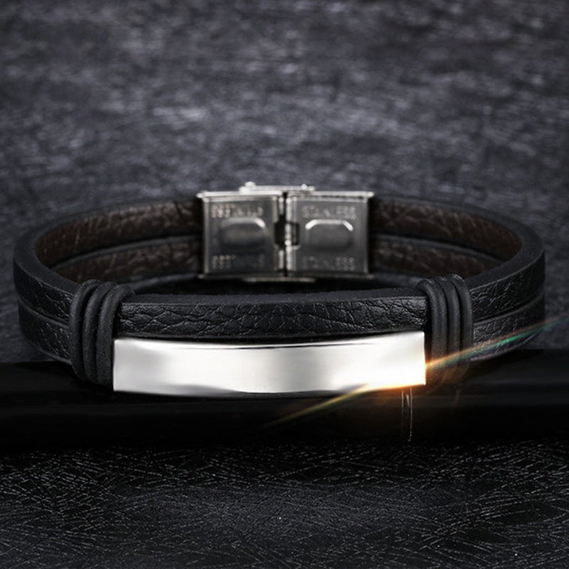 Double Black Stainless Steel Men's Leather Bracelet