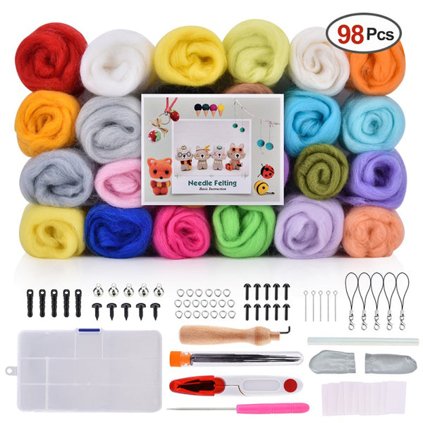 24 Color DIY Wool Felt Kit Needles Tool Set Handmade Needle Felting Mat Starter Fabric Sewing Kit for DIY Felting Craft Project