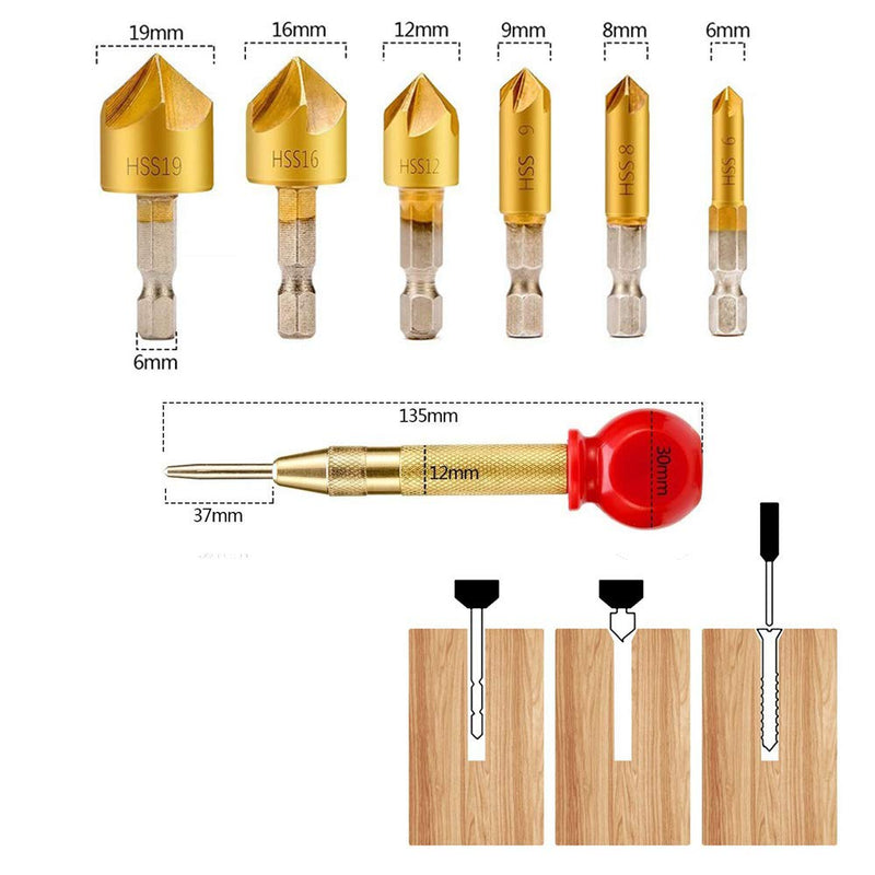 23 Pack Woodworking Chamfer Countersink Drill Bit 6pcs 1/4 Inch Hex 5 Flute 90 Degree Countersink Drill Bits 7pcs Three Pointed Countersink Drill Bit 8PCS Wood Plug Cutter Automatic Center Pin Punch