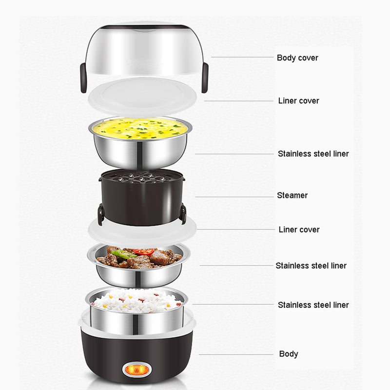 Electric Rice Cooker Stainless Steel 3 Layers Steamer Warmer Heating Lunch Box