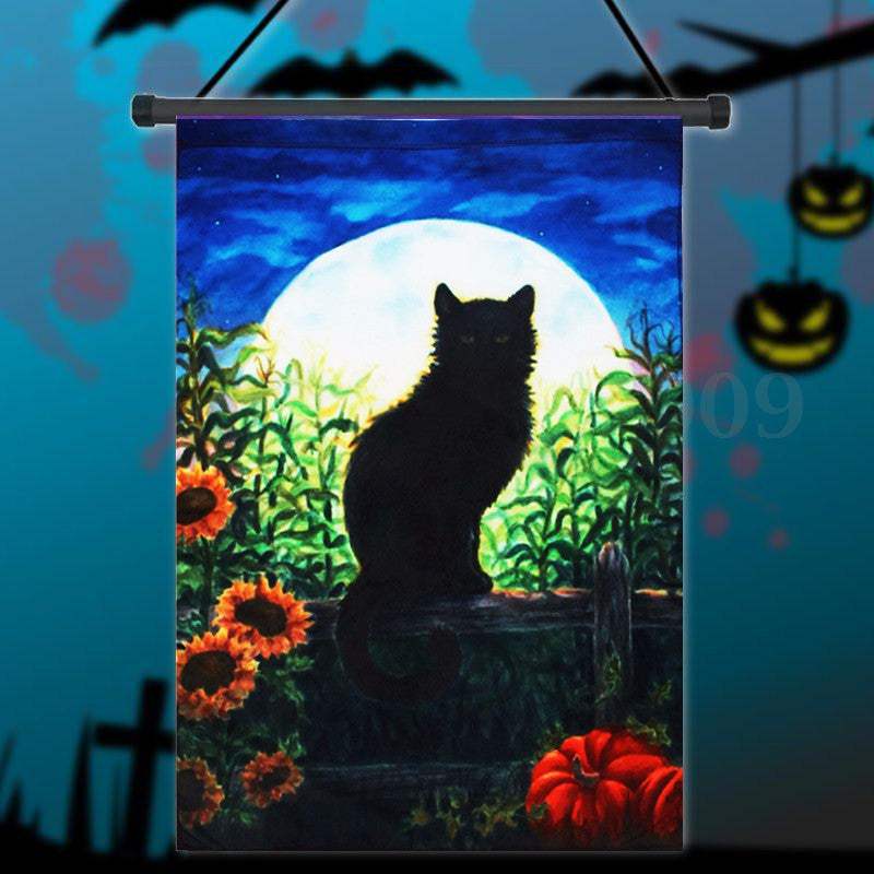 28''x40'' Harvest Moon Cat Autumn House Flag Fall Halloween Black Kitten Garden Banner Decorations