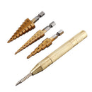 Drillpro 4pcs HSS Titanium Coated Step Drill Bit with Automatic Center Pin Punch 3-12/4-12/4-20mm Step Drill