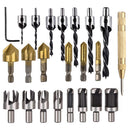Drillpro 23Pcs Woodworking Chamfer Countersink Drill Bit Set 6Pcs 1/4" Hex 5 Flute 90 Degree Countersink Drill Bits 7Pcs Three Pointed Countersink Drill Bit 8Pcs Wood Plug Cutter and Automatic