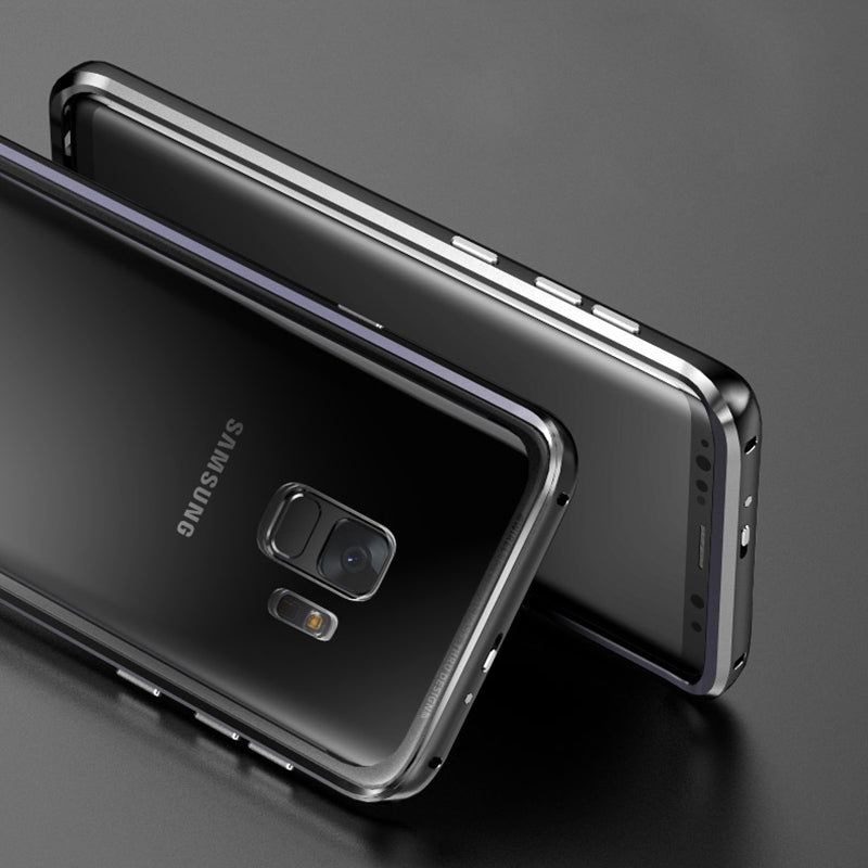 Luphie Metal Bumper+9H Transparent Tempered Glass Shell Protective Case For Samsung Galaxy S9 Plus