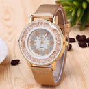 Crystal Shining Dress Ladies Watch Rose Gold Case Leather Strap Quartz Watches