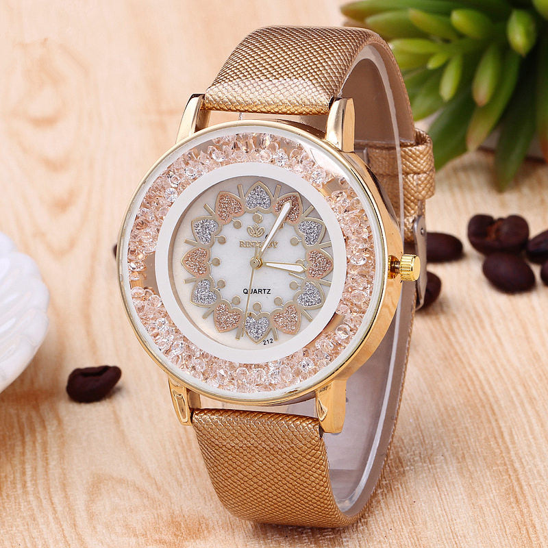 Crystal Shining Dress Ladies Watch Rose Gold Case Leather Strap Quartz Watches