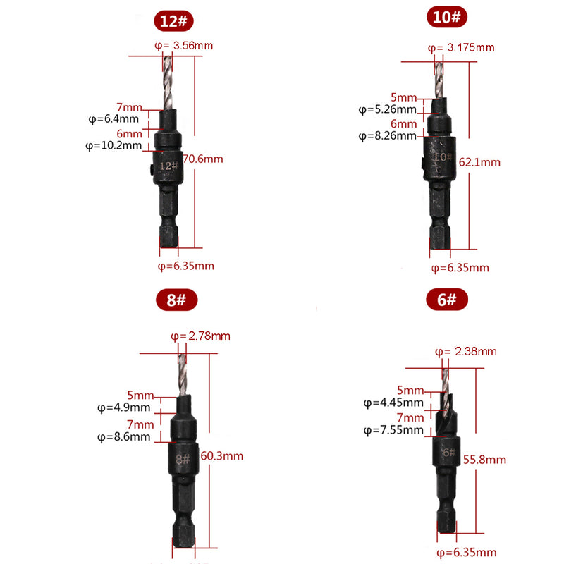 4pcs 6#/8#/10#/12# Hex Shank Carpentry Countersink Drill Bit Set with Wrench Woodworking Tool